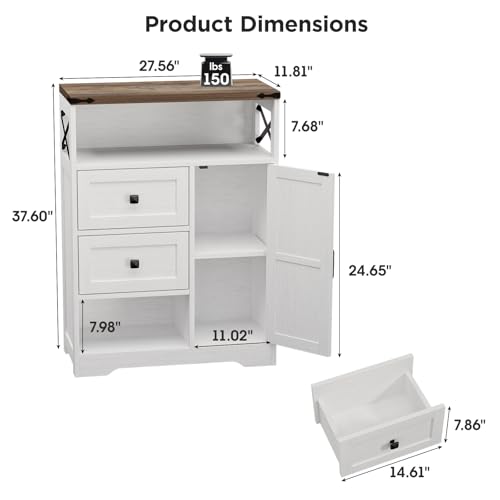 Farmhouse Buffet Sideboard Cabinet with 2 Drawers and Open Shelf