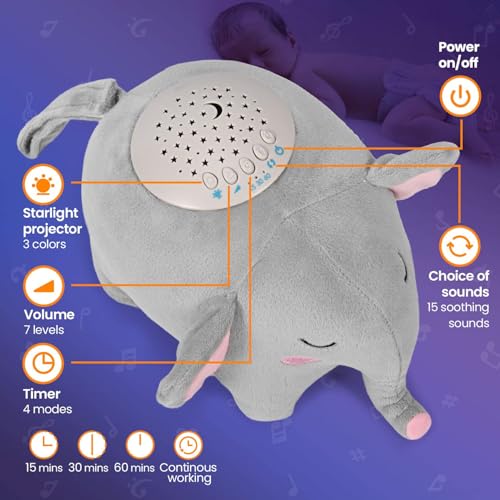 Baby Elephant Soother Toy with Starry Night Light Projector