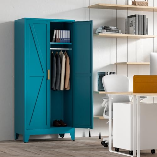 71'' Farmhouse Metal Wardrobe Cabinet with Hanging Rod
