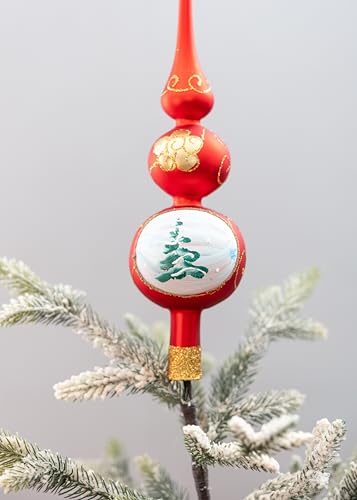 Tree Topper Mouth Blown Christmas Tree Topper Finial Red Glass Tree Topper Hand Decorated Made in Poland
