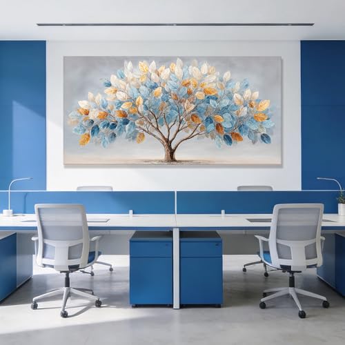 Oversized Canvas Wall Art Decor Botanical Nature Canvas Prints Blue Gold Gradient Leaf Tree Wall Art Decor For Living Room Modern Colorful Tree Canvas Art For Bedroom Home Office Decor 29"×58"