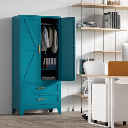 71'' Farmhouse Metal Wardrobe Cabinet with Hanging Rod