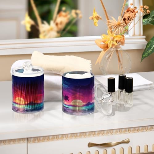 2 Pack Qtip Holder Organizer Dispenser Palm Tree Beach Tropical Bathroom Storage Canister Cotton Ball Holder Container for Cotton Pads (2 Count)