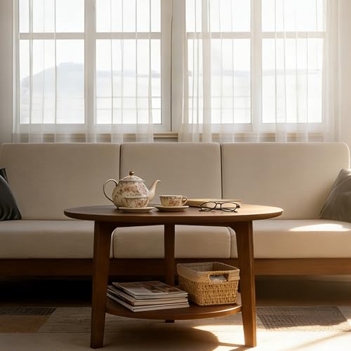 2 Tier Round Coffee Table Wood Nesting Side Table
