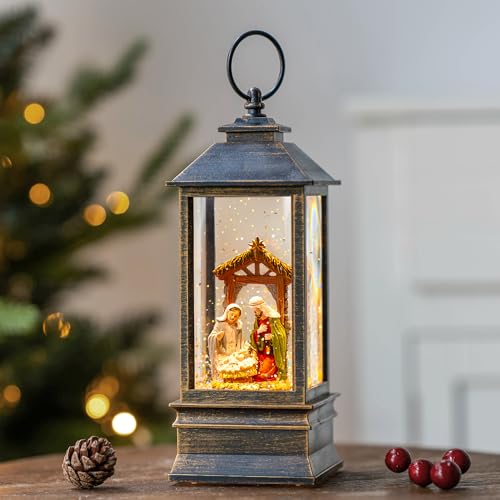 Christmas Snow Globe Water Lantern with Nativity Scene Battery Operated or USB Powered Musical Lighted Holiday Decoration for Tabletop Display for Family and Friends