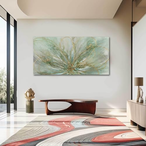 Abstract Wall Art Green and Gold Hand Painted Oil Painting Blossom Botanical Large Picture for Living Room Bedroom Kitchen Office 30x60 Inch
