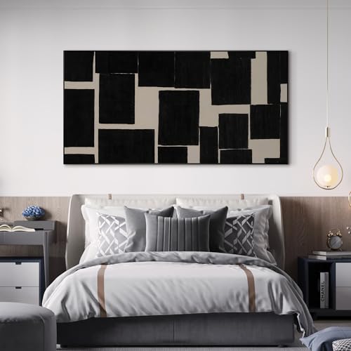 36"x72" Extra Large Framed Wall Art Modern Abstract Black and Beige Geometric Blocks for Home Living Room Bedroom Decor