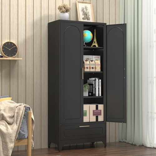 75" Tall Black Metal Pantry Storage Cabinet with 1 Drawer