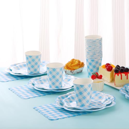 175 Pcs Blue Gingham Plates and Napkins Party Supplies