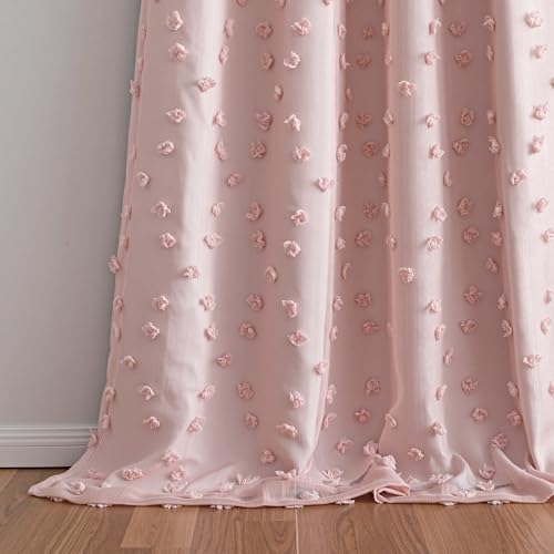 100% Blackout Curtains for Girls Bedroom 95 Inch Long Total Room Darkening Curtain for Living Room 2 Panels Grommet Light Blocking Sliding Door Drapes Blush Pink Pom Pom Sheer 50 x 95 Inch (2 Count)