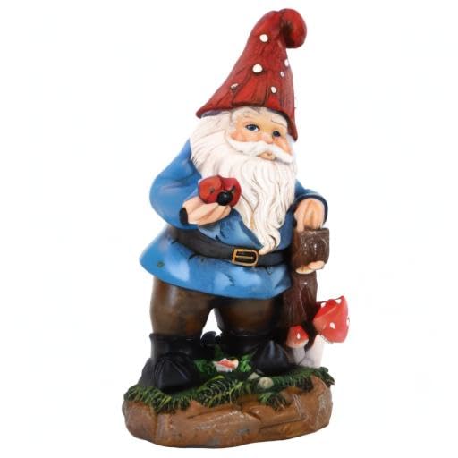 Solar Garden Gnome Statue with Glowing Ladybug & Mushroom