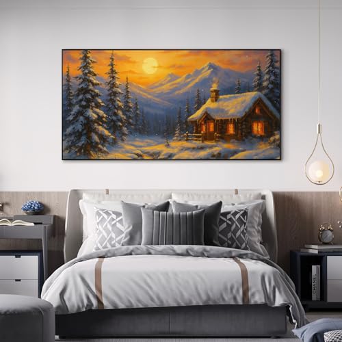 36"x72" Extra Large Framed Wall Art Cozy Cabin in Snowy Mountain Landscape at Sunset for Home Living Room Bedroom Decor