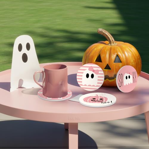 4Pcs Halloween Ceramic Coasters Pink Ghost Pumpkin Drink Coasters Absorbent Cup Mat for Mug Cup Home Kitchen Party Table Decor (4 Count)