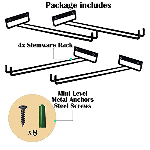 4 Packs 12 Inch Wine Glass Racks Cup Wall Mounted Stemware Hanging Wine Glasses Holder Under Cabinet Wire Wine Decor Racks (4 Count)