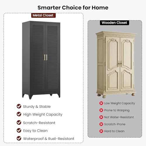 71" Tall Black Wardrobe Closet with Door and Adjustable Shelves