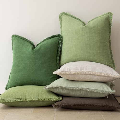 Decorative Linen Fringe Throw Pillow Covers 22×22 Forest Green (2 Count)