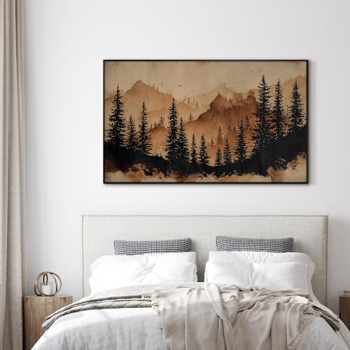 30"x60" Extra Large Framed Wall Art Rustic Mountain Pine Forest Silhouette in Warm Earth Tones for Home Living Room Bedroom Decor