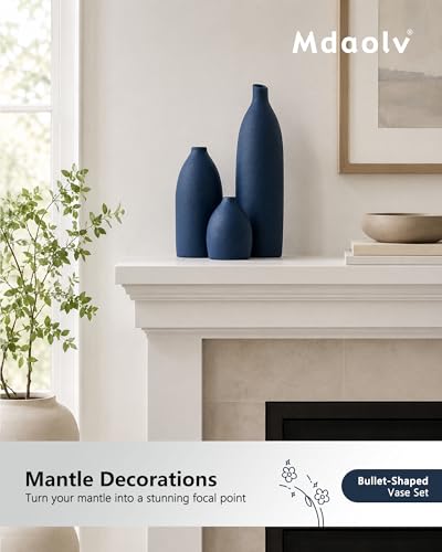 Matte Blue Vase Set Navy Blue Decor Coastal Decor Vases for Kitchen Island Living Room Office Table Fireplace Mantle Decorations & Bathroom Shelf Decor Centerpiece Table Decorations Ceramic (3 Count)
