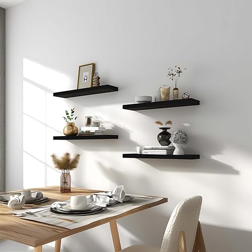 Black Wood Floating Shelves for Wall Rustic Wall Shelves for Bedroom Set of 6 (6 Count)