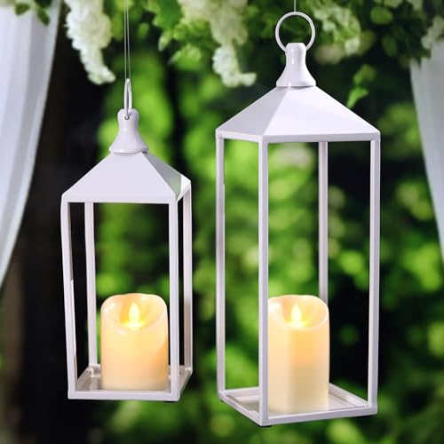 White Decorative Lantern Decor 17" 13" Set of 2 Wedding Lantern with Candle (2 Count)