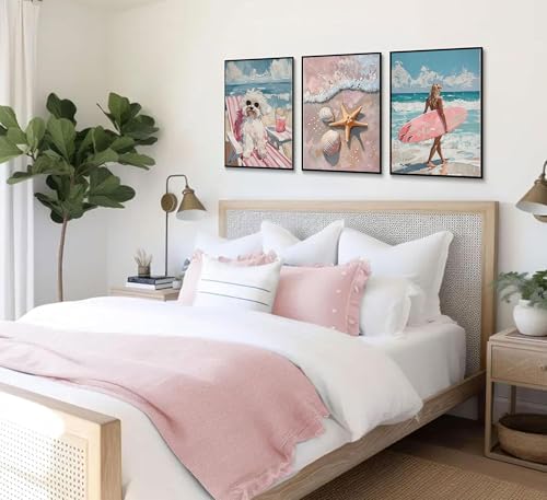 3Pcs Pink Beach Preppy Wall art Retro Beach seashell and starfish poster printing Pink surfboard dog painting wall Decor for Girls Room dormitory apartments Home Decoration Unframed (3 Count)