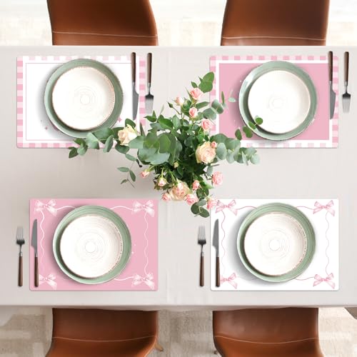 Pink Bow Placemats Set of 6 Cute Coquette Plastic Table Mat 17×13×0.04in (6 Count)