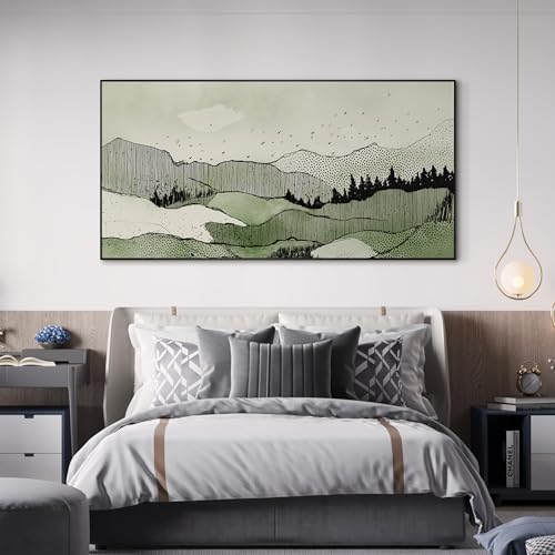 36"x72" Extra Large Framed Wall Art Green Line Art Mountain Landscape Illustration for Home Living Room Bedroom Decor
