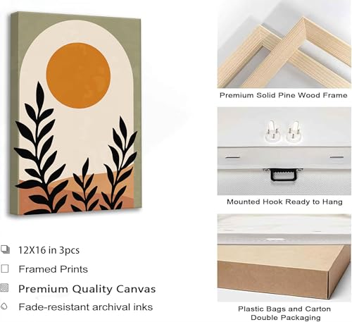 3 Pcs Mid Century Modern Boho Sun Canvas Wall Art 12x16in (3 Count)