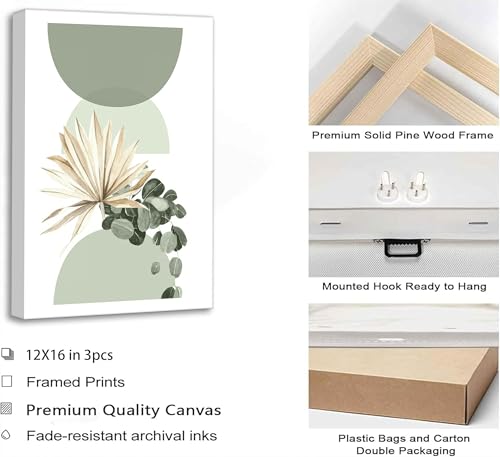 3 Pcs Neutral Abstract Sage Green Boho Canvas Wall Art 12x16in (3 Count)