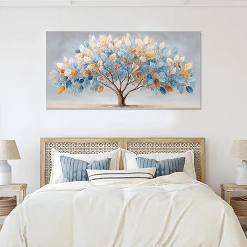 Large Canvas Wall Art Decor Blue Gold Nature Leaf Tree Canvas Art Wall Decor For Living Room Modern Botanical Wall Art Prints Gradient Color Tree Canvas Art For Bedroom Home Office Decor 24"×48"