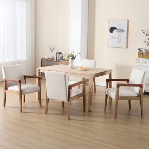 Modern Dining Chairs Set of 6 Linen Fabric Kitchen Arm Chairs Upholstered Accent Chairs with Wooden Legs for Dining Room (6 Count)