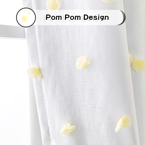 100% Blackout Curtains for Nursery Thermal Insulated Yellow Pom Pom Curtains 63 Inch Length for Girls Bedroom 2 Panels Grommet White Sheer Curtains for Dining Room (2 Count)