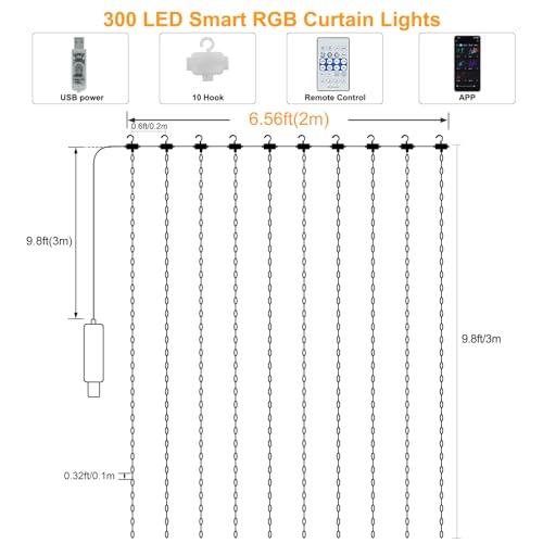 Smart Curtain Lights 6.6 x 9.8Ft 16 Million Colors Changing (300 Count)