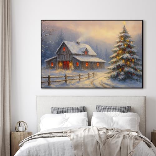 46"x72" Extra Large Framed Wall Art Rustic Winter Cabin with Christmas Tree and Snowy Landscape for Home Living Room Bedroom Decor