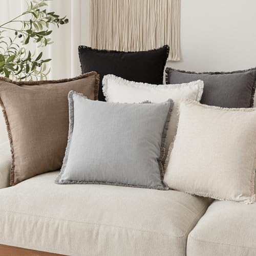 Decorative Linen Fringe Throw Pillow Covers 18×18 Light Gray (2 Count)