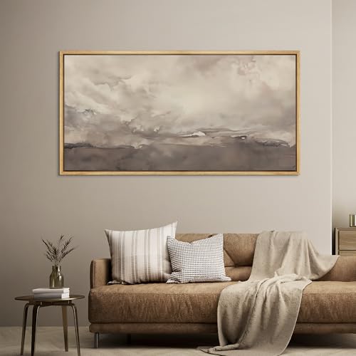 Extra Large Framed Canvas Print Wall Art Misty Landscape Neutral Tranquil Abstract Nature Painting in Earth Tones Illustrations Decorative Colorful Multicolor for Bedroom