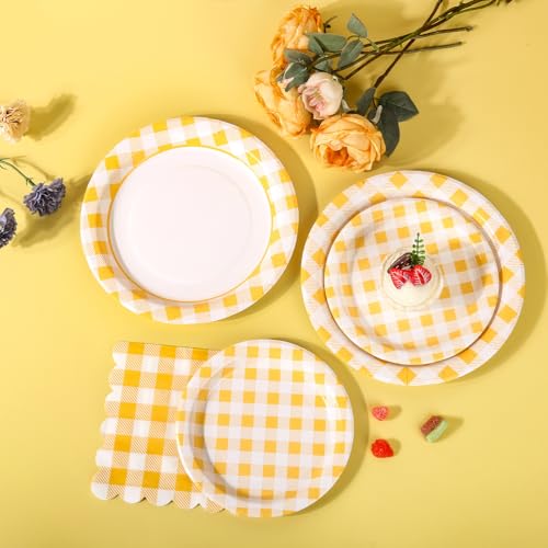 150 Pcs Yellow Gingham Paper Plates and Napkins (150 Count)