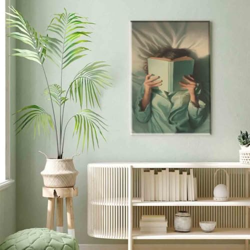 Emerald Green Reading Woman Wall Art Minimalist Abstract Portrait 16x24inch framed