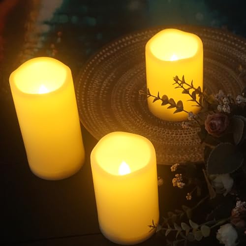 Outdoor Battery Operated Flameless LED Pillar Candles Remote Timer 3 Pack (2 Count)