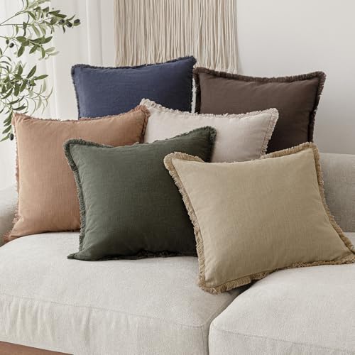 Decorative Linen Fringe Throw Pillow Covers 18×18 Inch (2 Count)