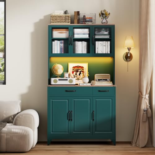 74.8" Tall Metal Pantry Cabinet with Charging Station & LED Light