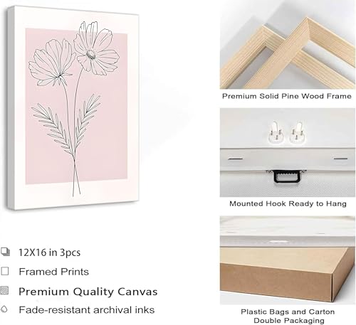 3 Pcs Minimalism Pink Floral Botanical Canvas Wall Art 16x24in (3 Count)