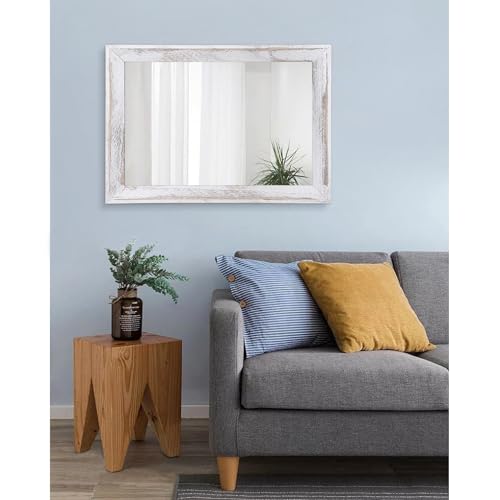 Mirrors for Wall Rustic Wood Framed Hanging Mirror 26"x18" Decorative for Farmhouse Bedroom Bathroom Living Room Entryway Hallway White