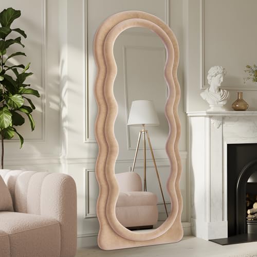 Full Length Mirror 63"x24" Arched Wavy Full Body Wall Mounted Floor Mirror with Stand Milk Tea Flannel Frame Leaning Hanging Wall Mirror for Bedroom Entrance Hallway