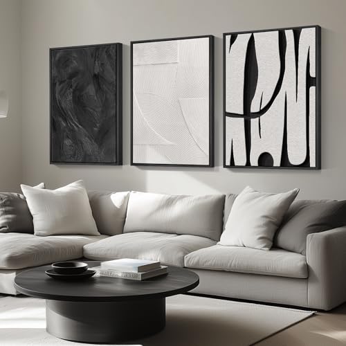 Large Framed Black and White Abstract Wall Art for Living Room Set of 3 (3 Count)