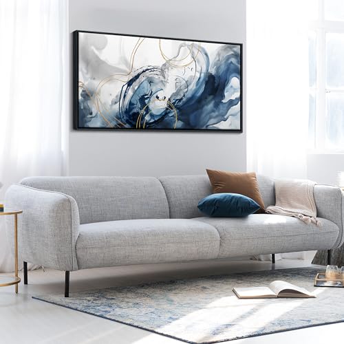 Blue Wall Art Framed Abstract Canvas Wall Art Blue Pictures for Living Room Wall Decoration Large Modern Office Artwork Wall Decor Graffiti Paintings for Bedroom 24×48IN