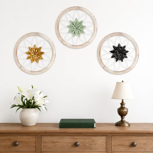 3 Piece Round Farmhouse Wall Decor with 6 Piece Interchangeable Flowers 15.75'' Medallion Wood & Metal Rustic Wall Art for Living Room Bedroom Kitchen Bathroom Dining Room Home Decorations