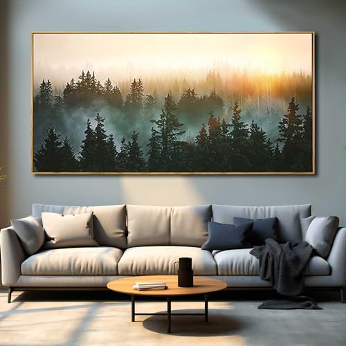 Large Foggy Forest Canvas Wall Art Landscape Mountain Painting 30x60 Inch Framed Wall Art for Bedroom Living Room Kitchen Office