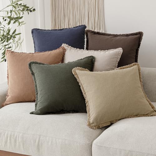 Decorative Linen Fringe Throw Pillow Covers 18×18 Light Khaki (2 Count)
