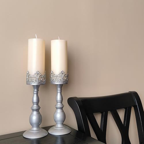 Candle Holders for Pillar Candles Gothic Matte Pearl Silver Tall Candle Holders Set of 2 Decorative Large Table Centerpieces Candle Stand Decor (2 Count)